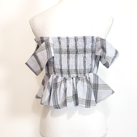 NEW!! Chriselle X J.O.A. SIZE M Off The Shoulder Plaid Gray Blue Blouse Top - Picture 4 of 14